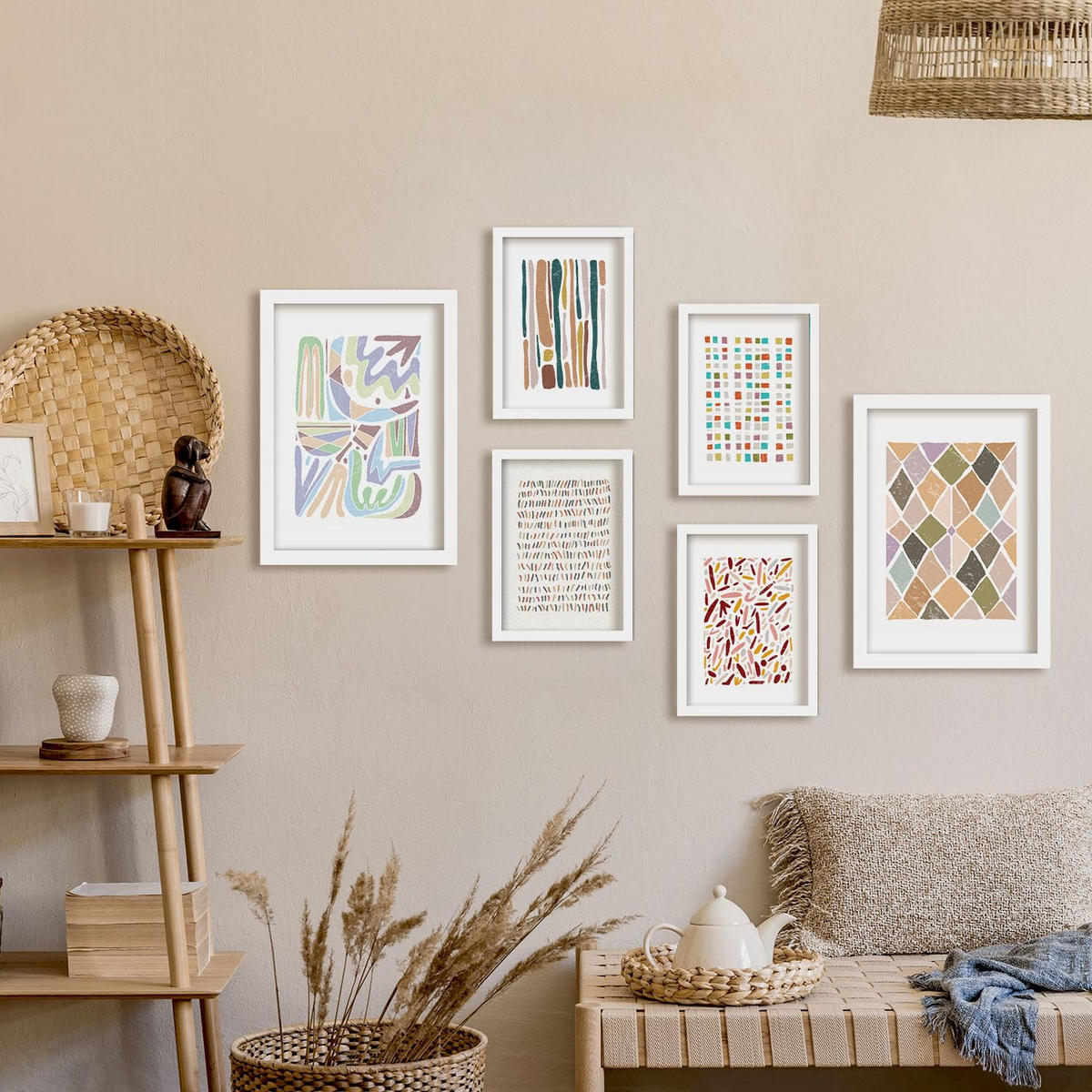 POSTER Set Mit 6 Drucken Von Mustern In Der Sammlung Von Ethnischenen Dekorative Rahmen Für Ihr Zuhause Wandkunstdruck A3 & A4 Weißer Rahmen - Weiß, Papier (29/3cm) - Nacnic