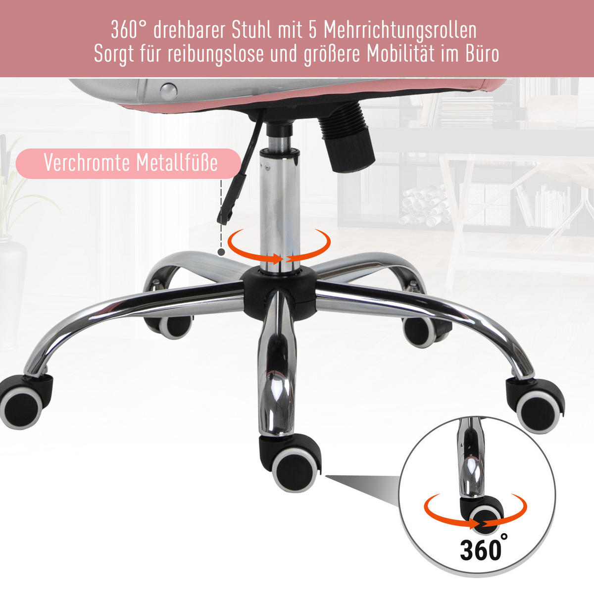 ERGONOMISCHER Bürostuhl Chefsessel Gepolsterte Rückenlehne Kunstleder Rosa - Rosa, Kunststoff (60.5/103/59.5cm) - Vinsetto
