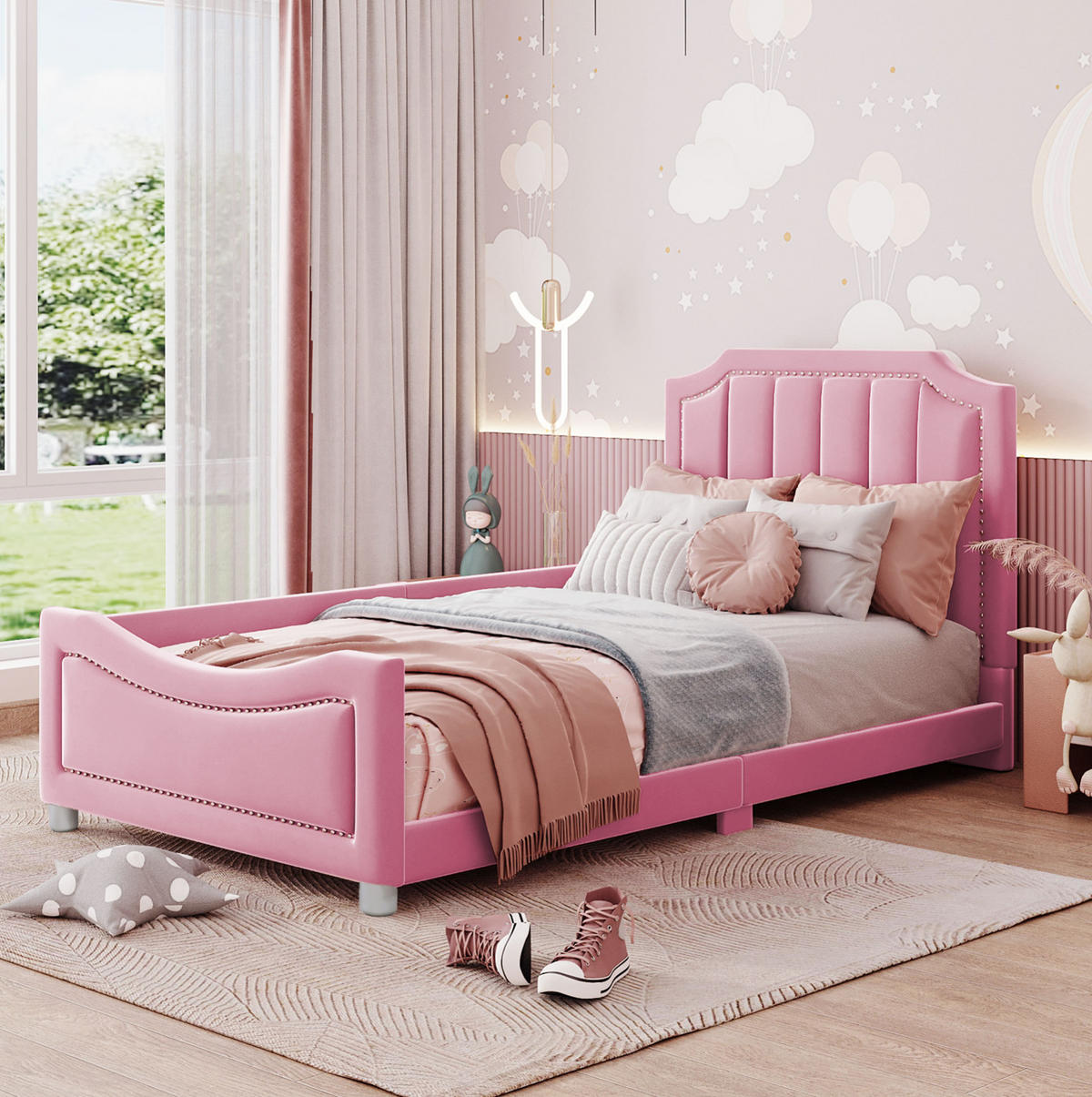 POLSTERBETT 90/200 cm Rosa aus Massivholz mit Rückenlehne - Pink, Holz (90/200cm) - OKMYHOME