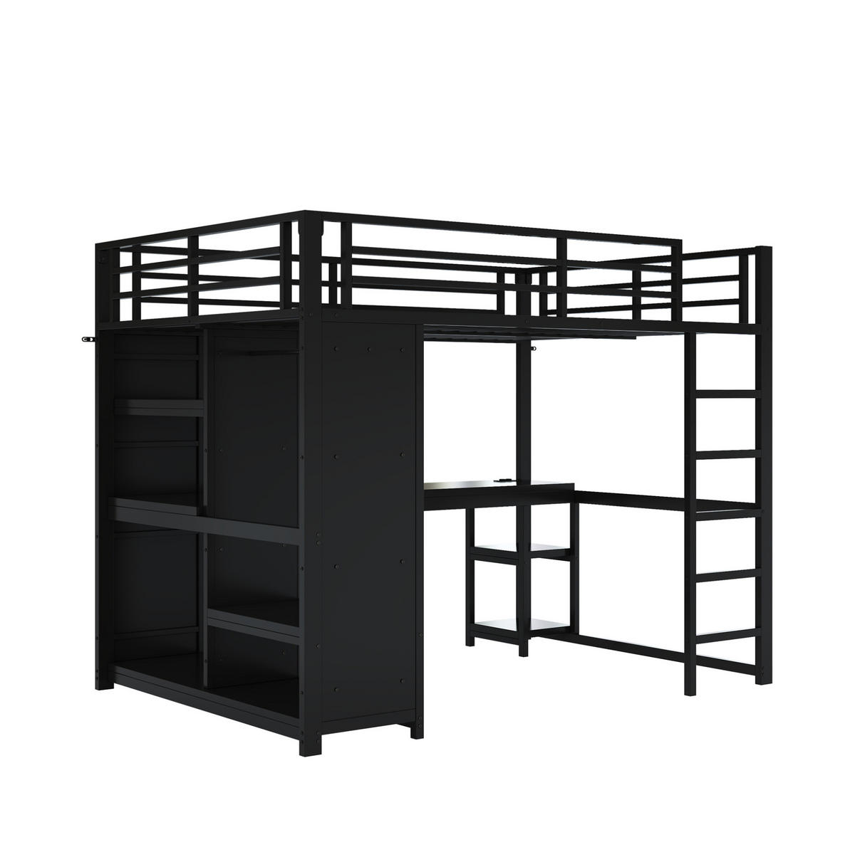 HOCHBETT 140/200 cm mit LED, Schreibtisch, offenem Kleiderschrank und Ablagen, Schwarz - Schwarz, Metall (140/200cm) - Redom