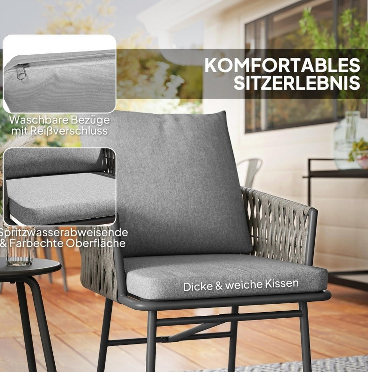 BISTROSET 58/63/69 cm mit 2 Sesseln, Tisch und abnehmbaren Kissen, Stahl, Grau - Grau, Metall - Redom