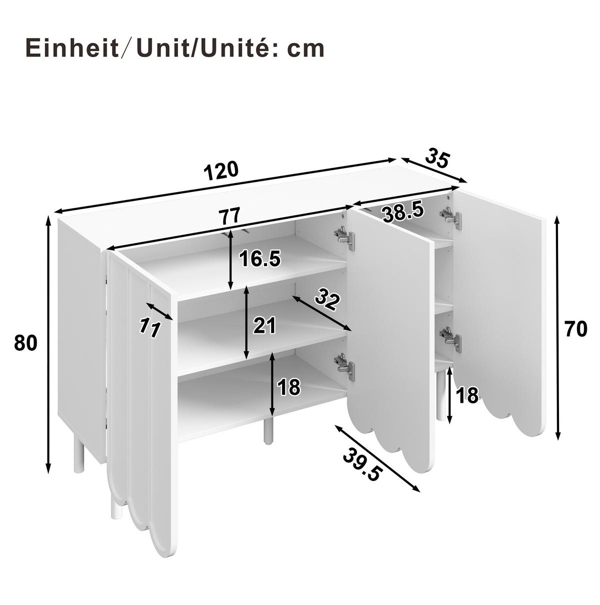 SIDEBOARD 120/35/80 cm in Weiß mit 2 Türen & verstellbaren Böden - Weiß, Holzwerkstoff (120/80/35cm) - BEAOK