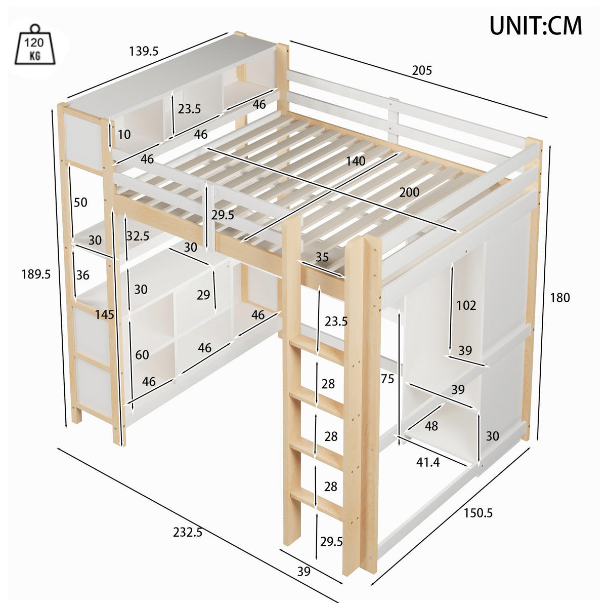 HOCHBETT 140/200 cm Weiß/Natur aus Kiefernholz mit Schreibtisch und Schrank - Naturfarben, Holzwerkstoff (140/200cm) - OKWISH
