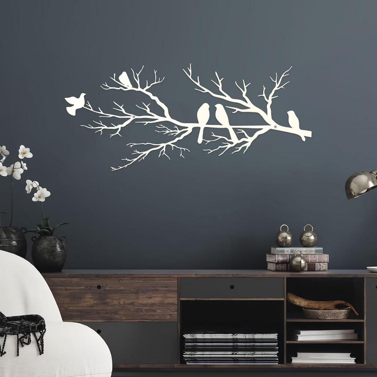 WANDDEKORATION mit Vögeln auf Ast Metall Weiß 80 x 34.5 cm - Weiß, Metall (34.6/0.5cm)