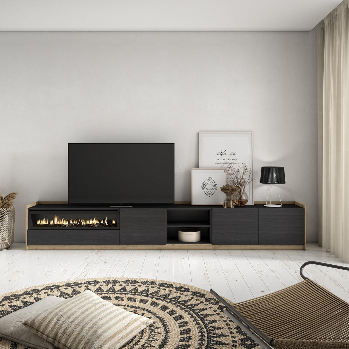 TV-SCHRANK, Lowboard, Schwarz Eiche, Elektrokamin, 310/37/50cm - Schwarz, Holzwerkstoff (310/50/37cm) - Skraut Home