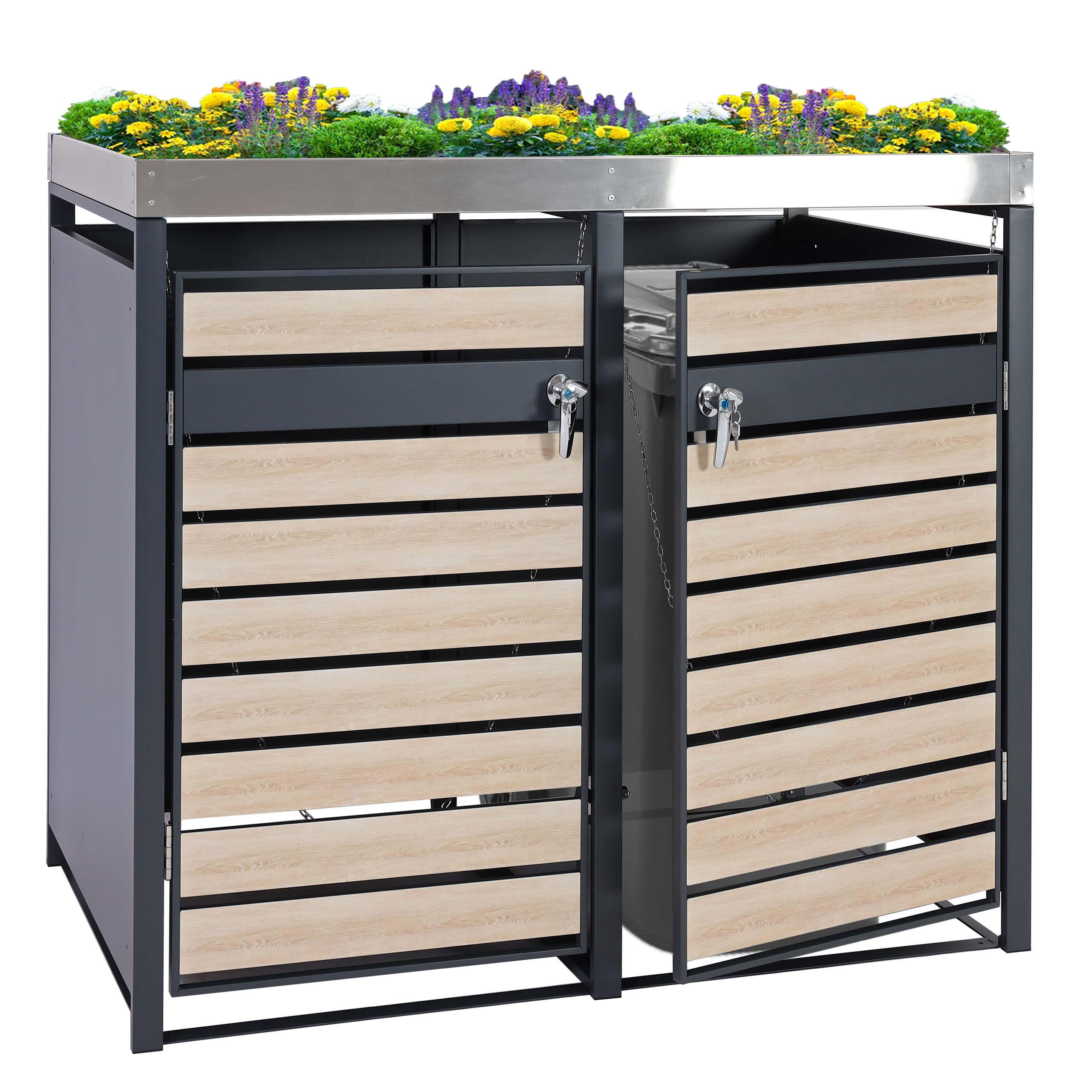 MÜLLTONNENBOX 2er mit Pflanzkasten 125x132x80cm Anthrazit Buche-Holzoptik erweiterbar - Hellbraun, Metall (132/125/80cm) - PROREGAL