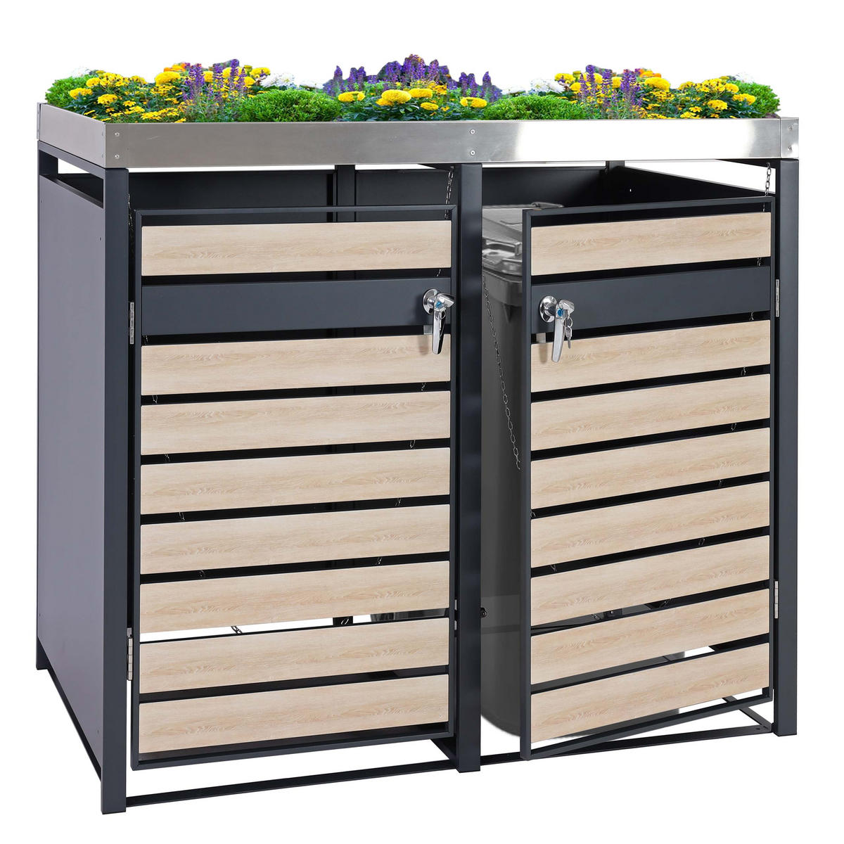 MÜLLTONNENBOX 2er mit Pflanzkasten 125x132x80cm Anthrazit Buche-Holzoptik erweiterbar - Hellbraun, Metall (132/125/80cm) - PROREGAL
