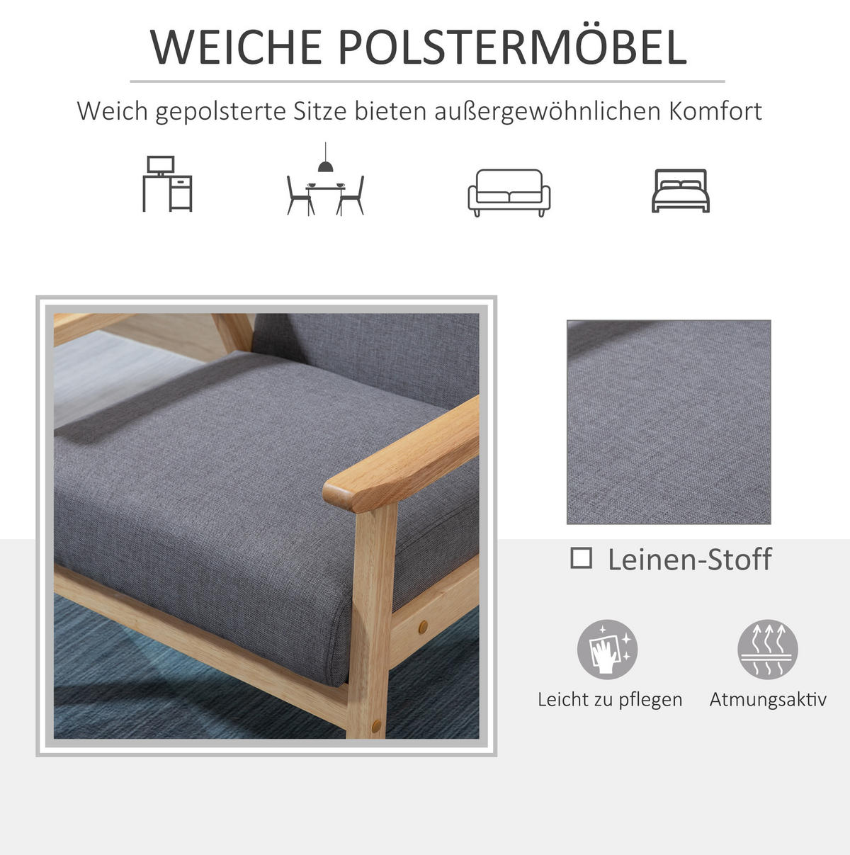 SESSEL 64/70/72 cm in Grau mit Leinenoptik und Holzgestell - Grau, Textil (70/72/64cm) - Flora Grace