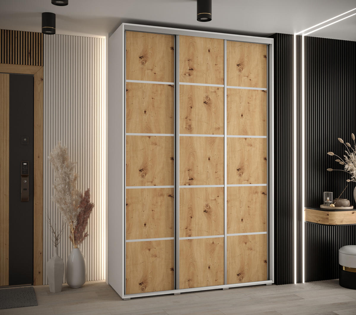 SCHWEBETÜRENSCHRANK 235,2/160/60 3-türig - Silberfarben/Eiche Artisan, Holz/Metall (160/235/60cm) - Abiks Möbel