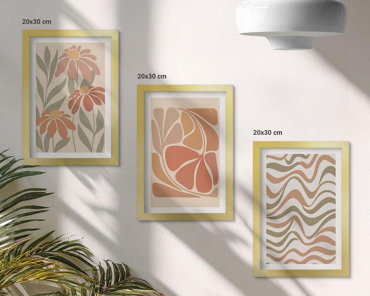 WANDBILDER 3er Set - 20x30 cm Goldrahmen - Abstrakte Pastellblumen - Goldfarben, Kunststoff (20/30cm) - ArtPrintCave