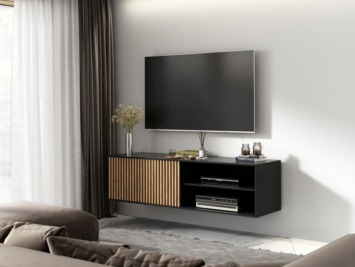 TV-ELEMENT - Wandmontierter RTV-Schrank Meteor (Artisan + Schwarz) - Schwarz, Holzwerkstoff/Metall (150/40/40cm) - Möblo