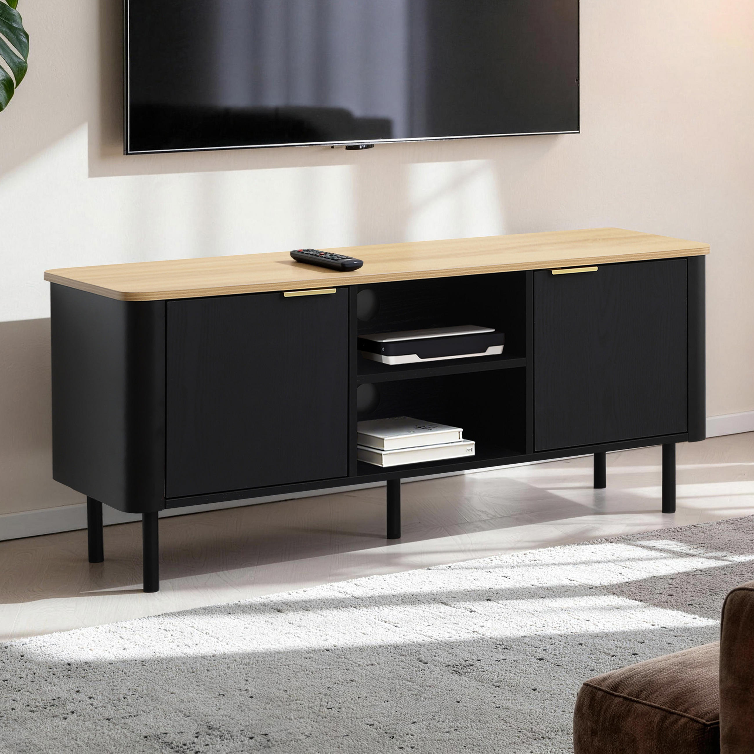 LOWBOARD TV-Schrank Modern, Schwarz & Holz | B120 x T40 x H52 cm - Schwarz, Holzwerkstoff (120/52/40cm) - Hometopia