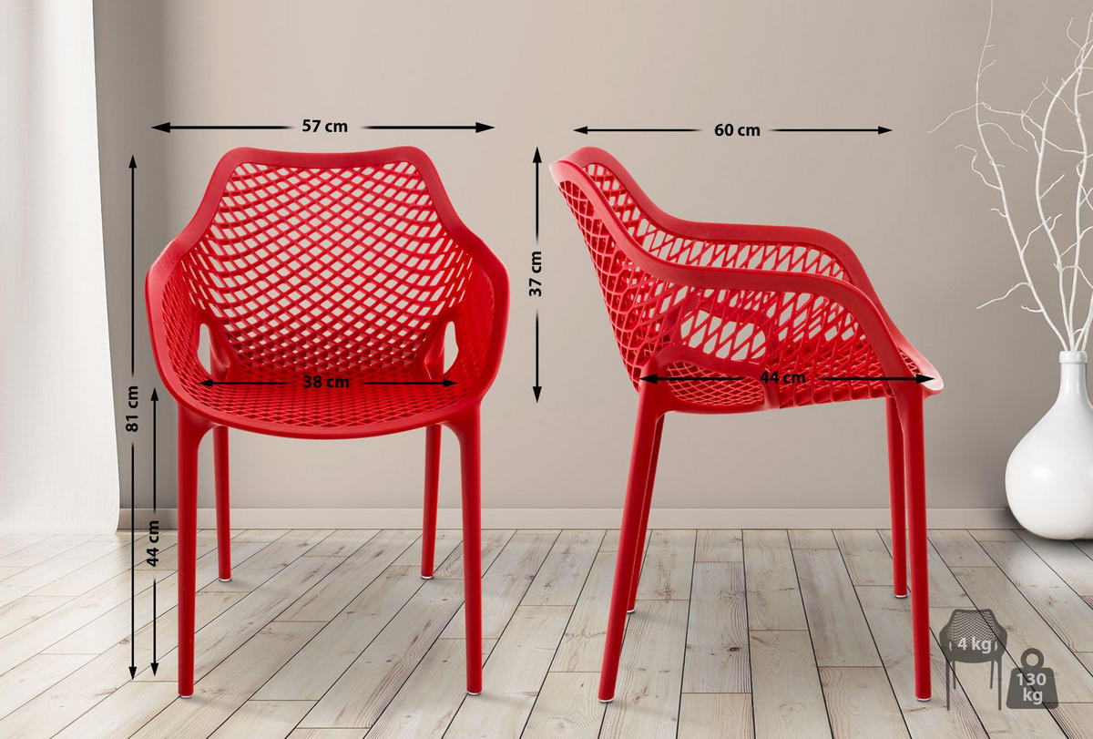 GARTENSTUHL 4er Set Kunststoff rot - Rot, Kunststoff (57/81/60cm) - CLP