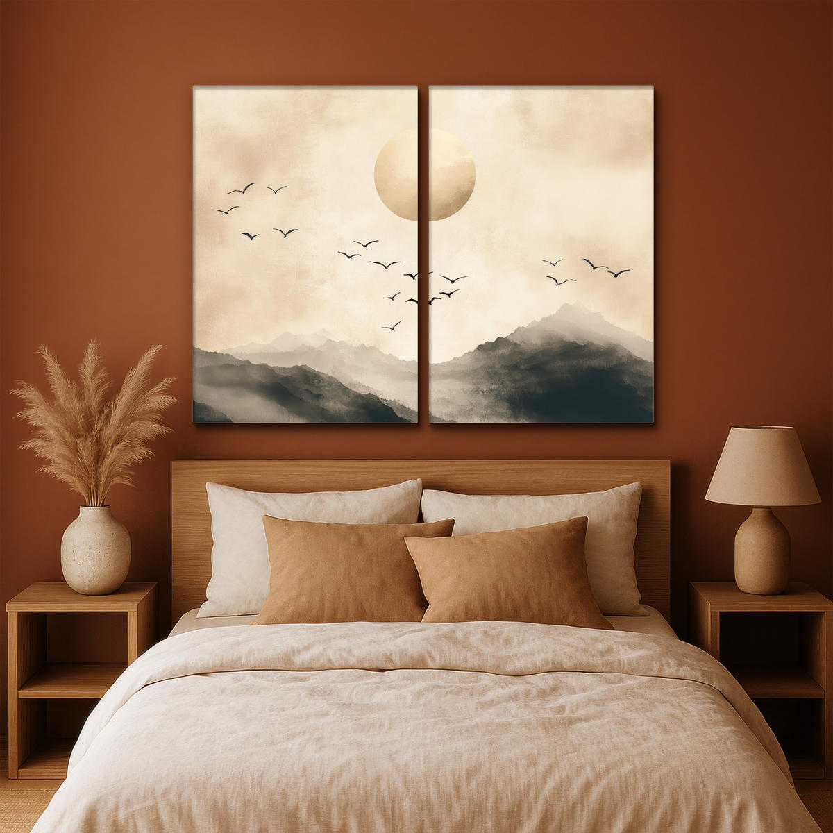 LEINWANDBILD 2er Set Landschaft - Japandi - Beige - Vögel 160x120 cm - Beige, Textil (160/120cm) - MuchoWow