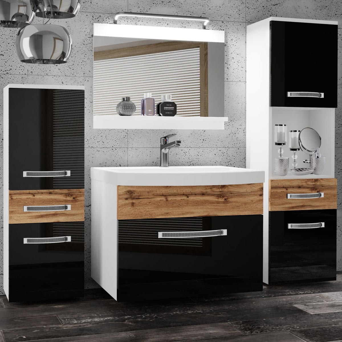 BADMÖBEL Badezimmer Schwarz / Wotan Eiche Glänzend Matt - Eiche Wotan/Schwarz, Holz (140/113/40cm) - B BELINI GROUP