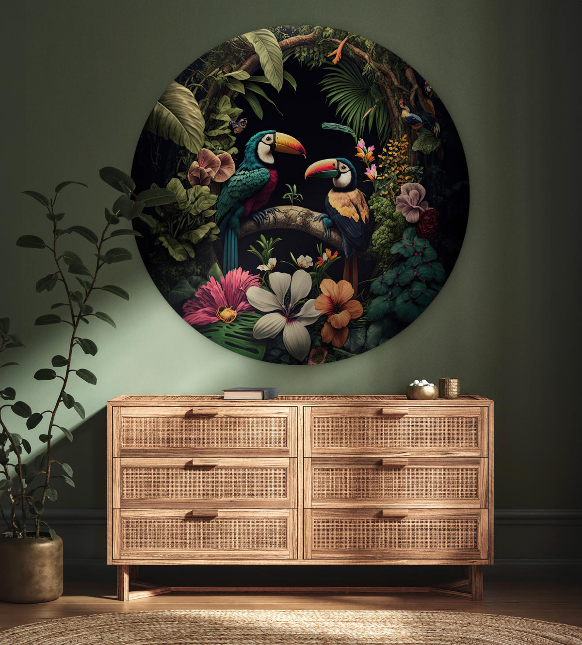 WANDBILD Vogel - Blumen - Pflanzen - Dschungel - Schwarz - Tukan Deko Groß 150x150 cm - Smaragdgrün, Kunststoff (150/150cm) - MuchoWow