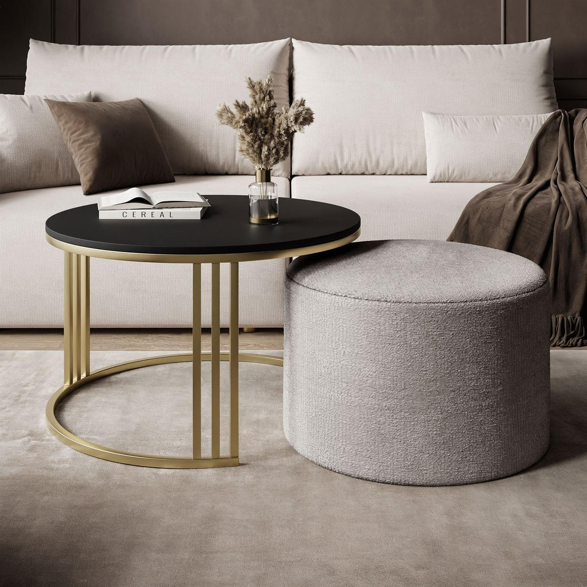 COUCHTISCH mit Hocker LORI MAT gebürstetes Gold/schwarz matt/Perfect Harmony 82 - Schwarz, Metall (70/70/49cm) - Lookway