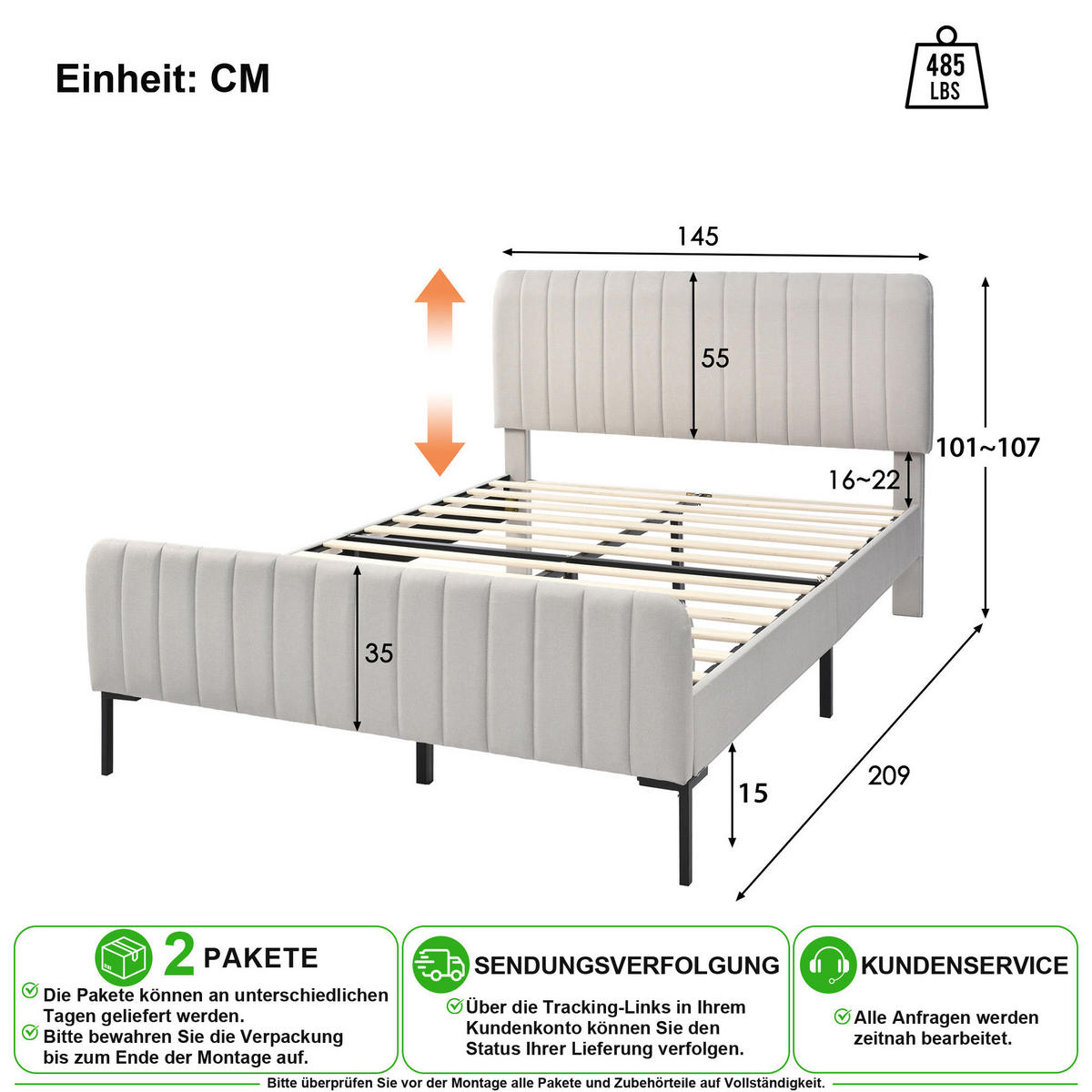 ČALOUNĚNÁ POSTEL 140/200 cm v šedo-béžové barvě s nastavitelným čelem a roštem - béžová, kov/kompozitní dřevo (140/200cm) - CHICFURN