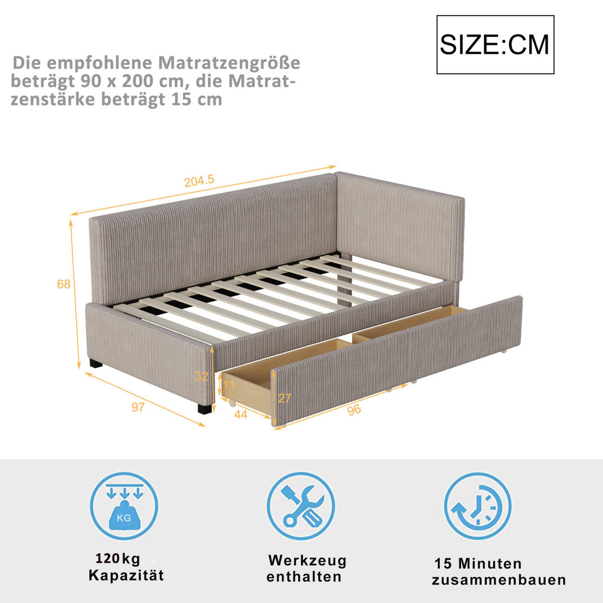 POLSTERBETT 90/200 cm Grau aus Stoff mit 2 Stauraumschubladen - Grau, Leder (90/200cm) - OKMYHOME