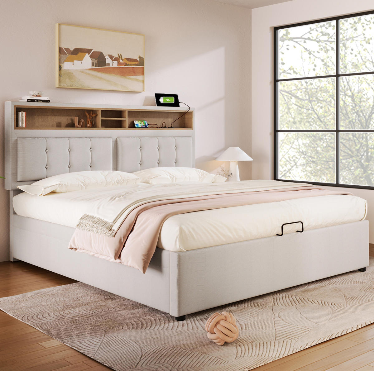 POLSTERBETT 140/200 cm aus Leinen mit Matratze, USB-C, Steckdosen, verstellbarem Kopfteil und Bettkasten, Beige - Beige, Textil (140/140cm) - Redom
