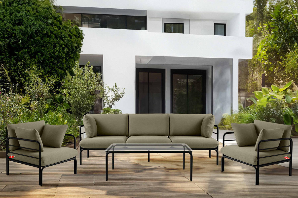 GARTENSOFA RAMBE 3-Personen mit Kissen, Anthrazit/Beige - Dunkelgrau/Beige, Textil/Metall (225/80/80cm) - KONSIMO®