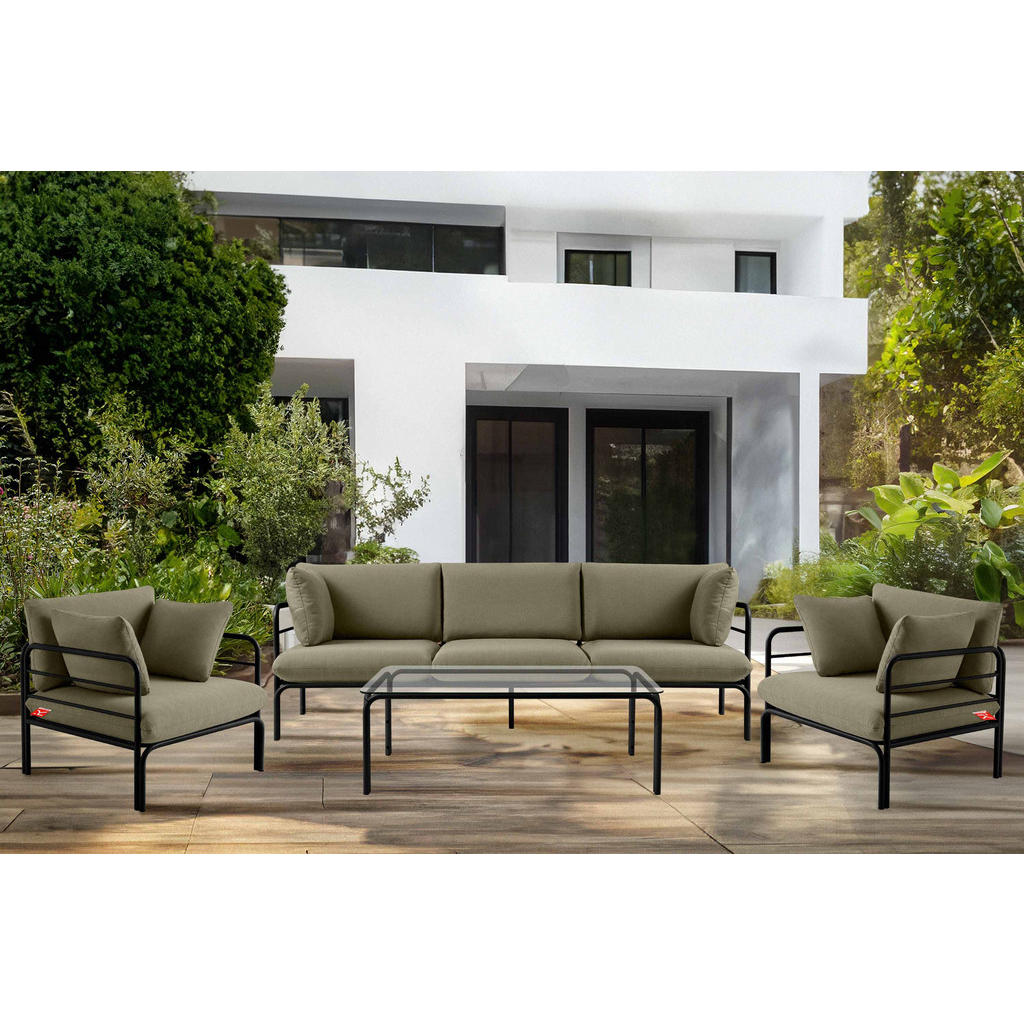 Thumbnail - Konsimo® Gartensofa, Dunkelgrau, Beige, Metall, Textil, 3-Sitzer, Füllung: Schaumstoff, Rechteckig, 225x80x80 cm, Herges...