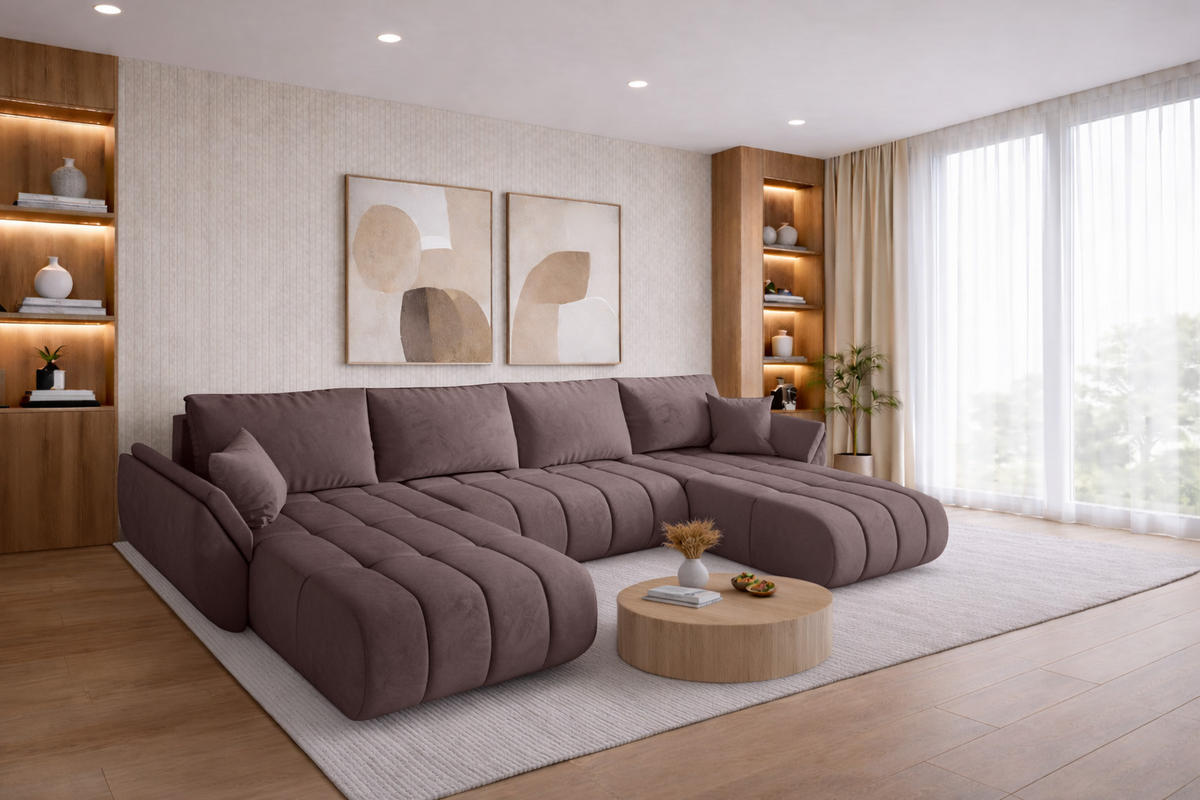 ECKSOFA mit schlaffunktion und bettkasten TOKYO U PREMIUM, stoff MONOLITH, Lila - Violett, Holz (384/190cm) - Kaiser Möbel