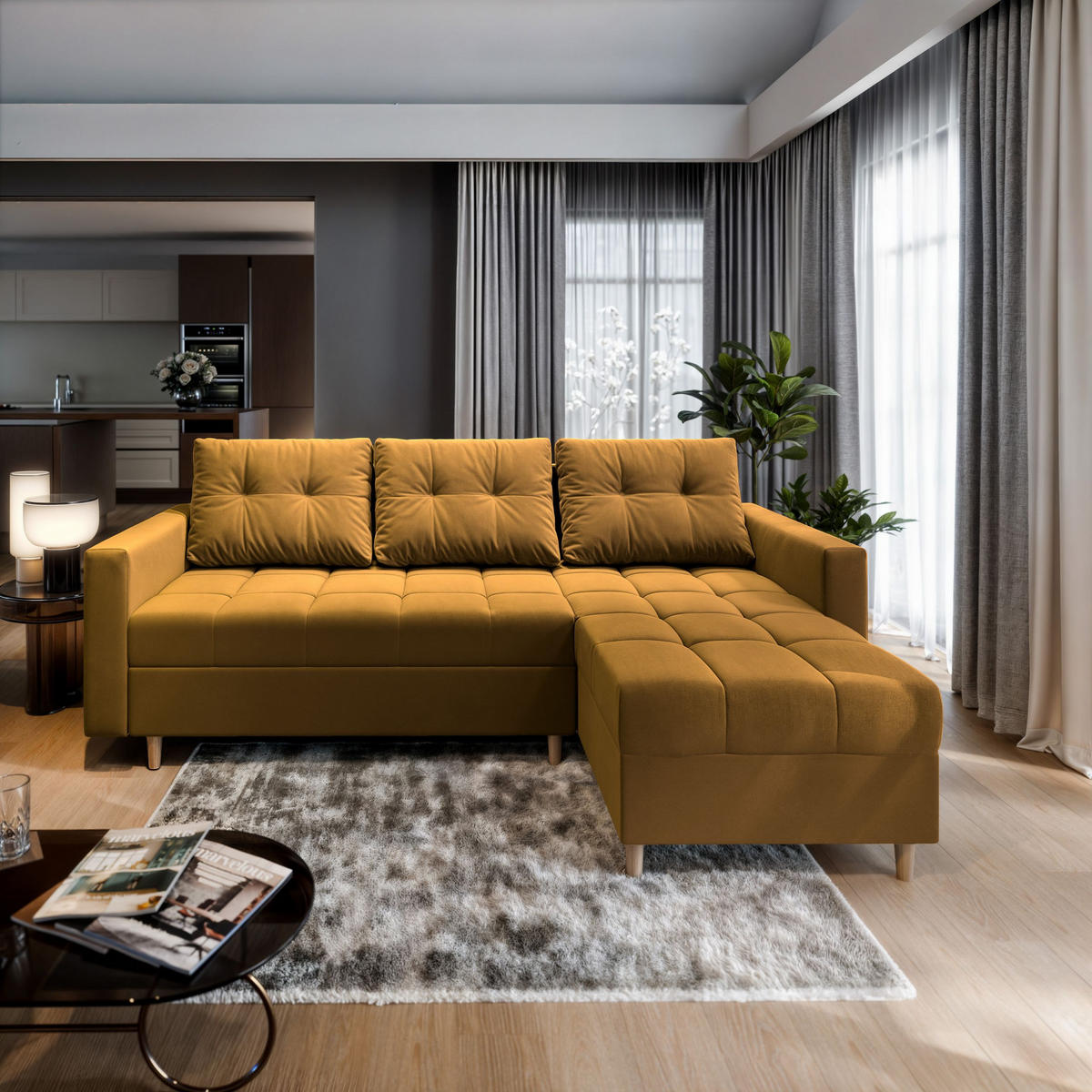 ECKSOFA MILO L Gelb Plüsch-Stoff mit Schlaffunktion - Gelb, Holz (220/140cm) - MASSENO