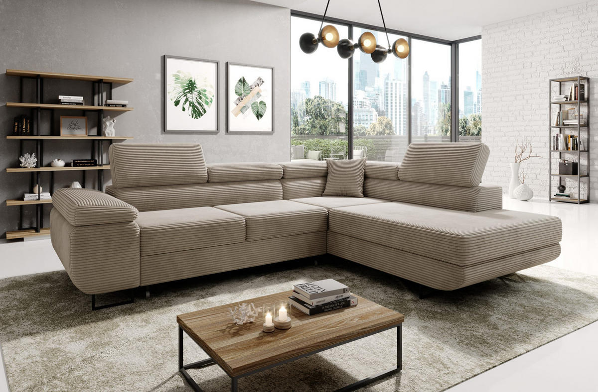 ECKSOFA ASTORP, Sofa aus Cord Beige - Poso 02 - Beige/Silberfarben, Textil/Metall (277/203cm) - Moderno Meble