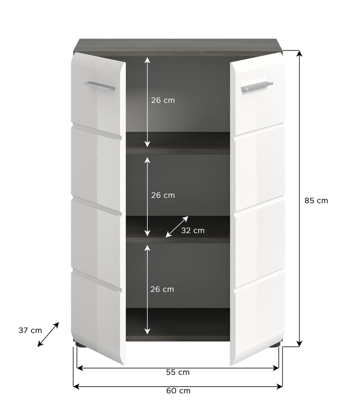 KOMMODE SALSA (B/H/T: ca. 60/85/37 cm) in Rauchsilber Nachbildung/weiß hochglanz - Silberfarben, Holzwerkstoff (60/85/37cm)