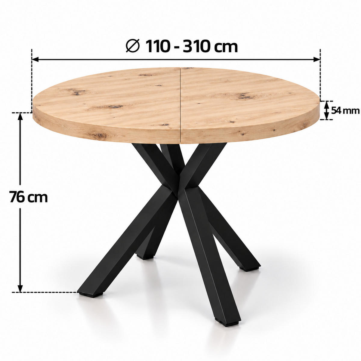 ESSTISCH rund ausziehbar 110/310/76 cm, Hellbraun Artisan Eiche, 54 cm Tischplatte + X Metallbeine Schwarz - Eiche Artisan, Holzwerkstoff/Metall (110/310/76cm) - Damale Möbel