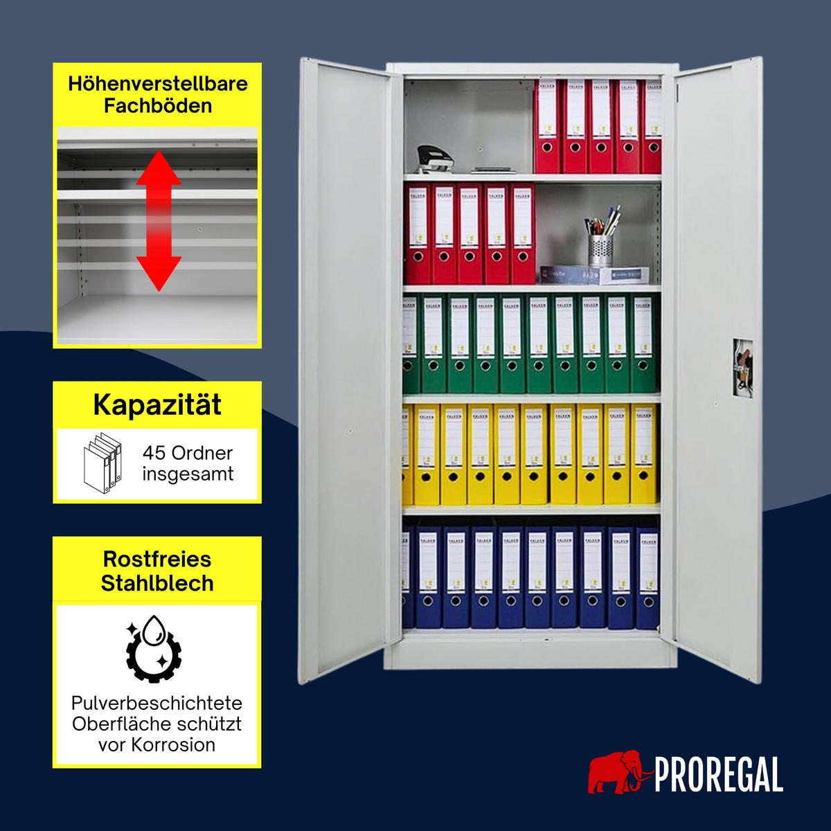 FLÜGELTÜRENSCHRANK Elephant komplett montiert 180x80x40cm 4 Ebenen Lichtgrau - Hellgrau, Metall (80/180/40cm) - PROREGAL