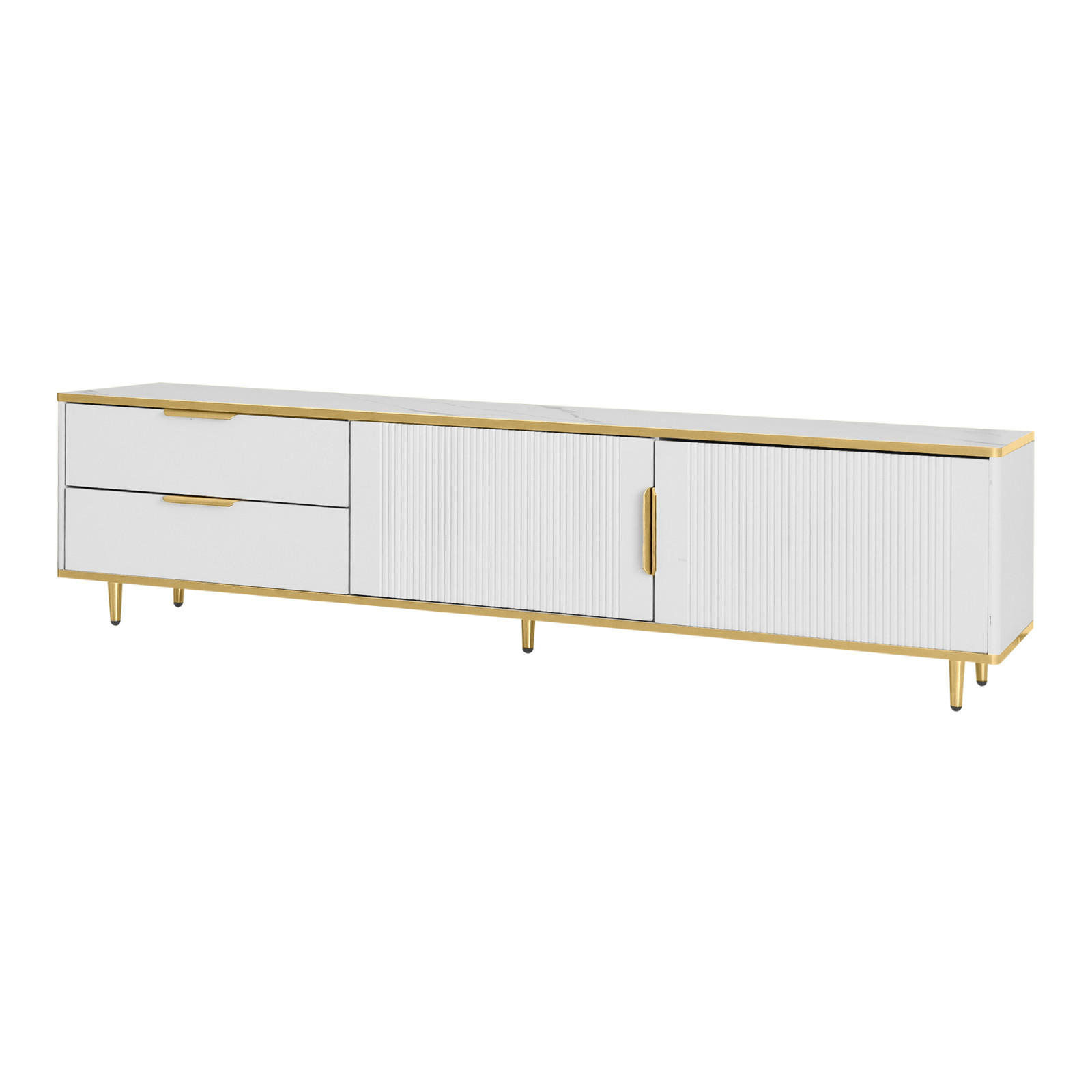 TV Lowboard 2 Türen, 2 Schubladen, goldene Füße, Weiß - Weiß, Holz (175/45/40cm)
