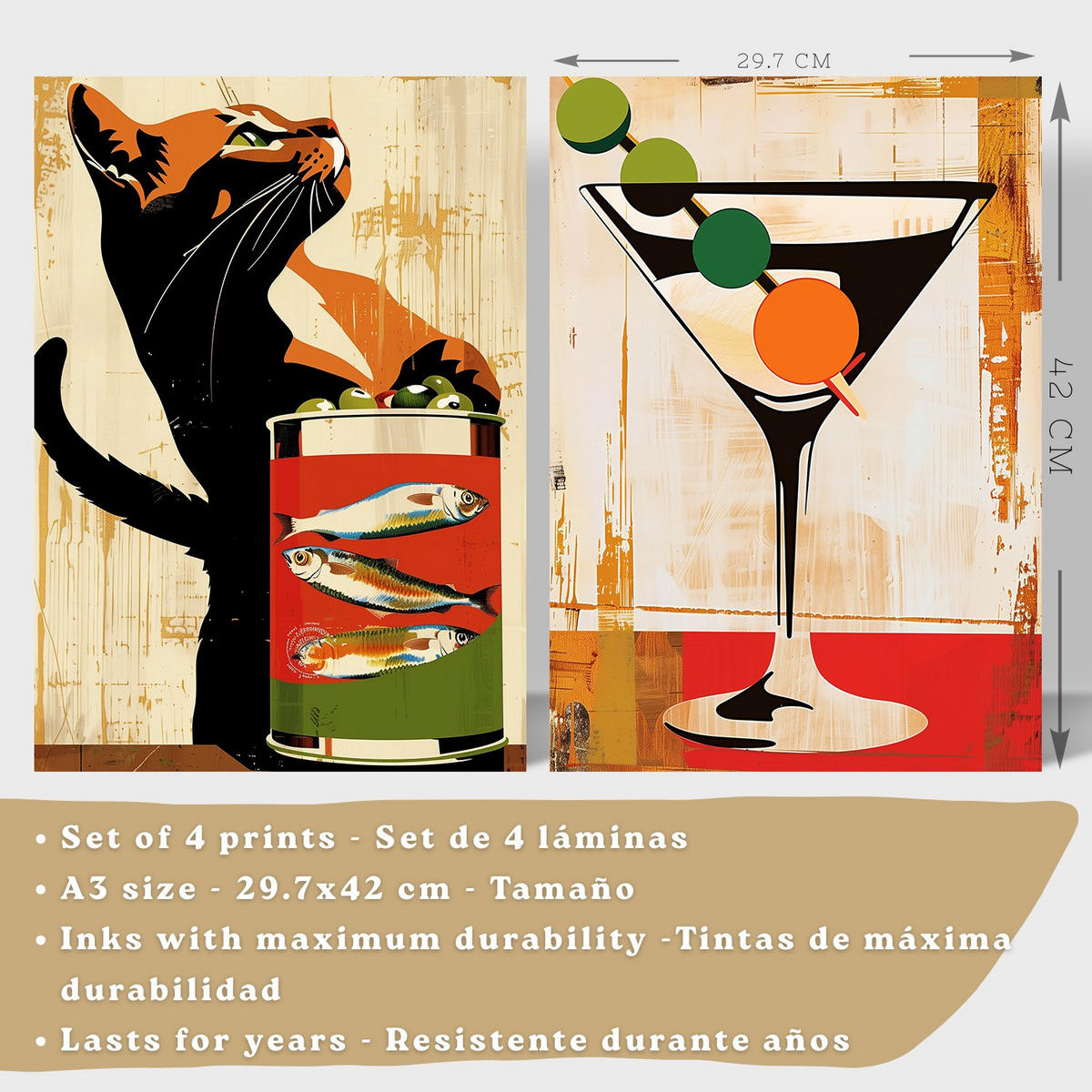 PLAKAT Sada 4 Vintage Cat A3 Bílý rám - bílá, papír (29.7/1/42cm) - Nacnic