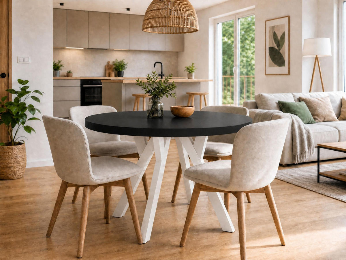 ESSTISCH ausziehbar rund ATO, 90-190 cm, Schwarz, weiße Holzbeine - Schwarz/Weiß, Holzwerkstoff/Buchenholz (90/90/77cm) - VENASI MÖBEL