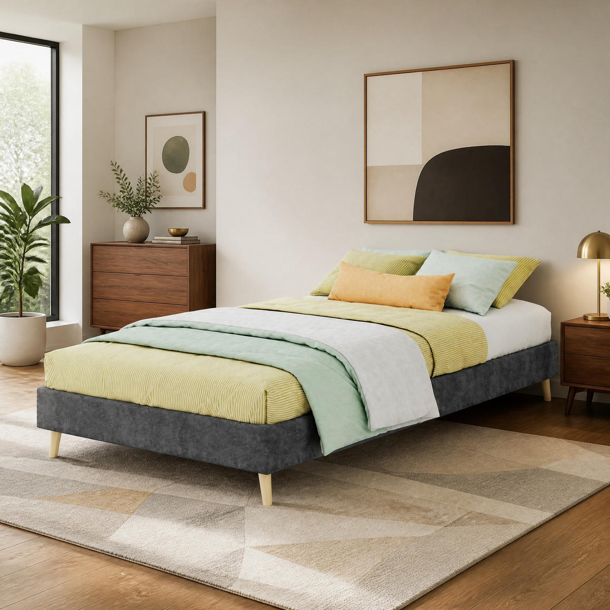 POLSTERBETT 90/200 mit Samtbezug und Massivholzfüßen in Grau - Grau, Holzwerkstoff/Textil (90/200cm) - EVRYAE