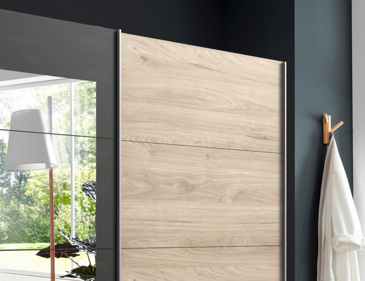 SCHWEBETÜRENSCHRANK 2-türig B225/H208/T65 cm in Eichen-Dekor mit Absetzungen in grauer Stahl-Optik / 22002 - Eichefarben/Alufarben, Holzwerkstoff/Metall (225/208/65cm) - luma-home