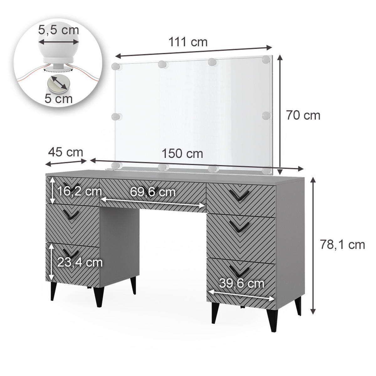 SCHMINKTISCH Anett Grau 150 cm mit LED Beleuchtung - Grau, Holzwerkstoff (150/78.1/45cm) - Vicco