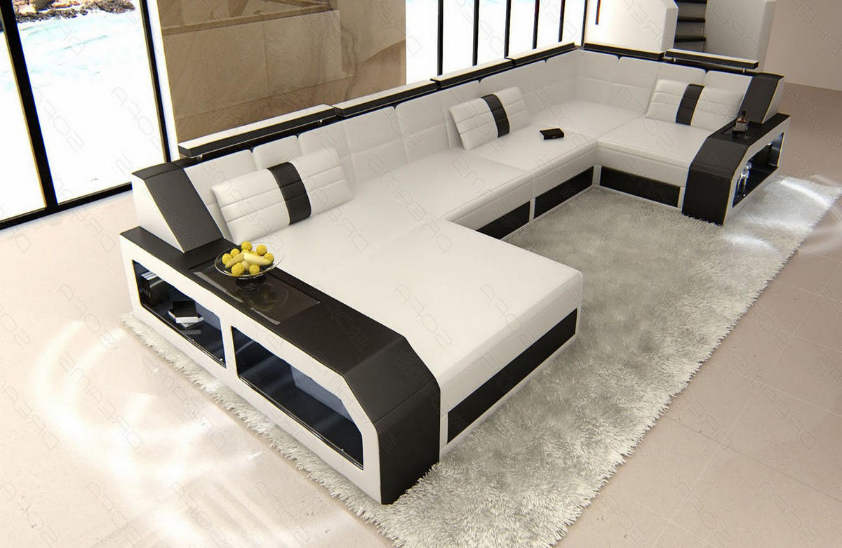 WOHNLANDSCHAFT Arezzo U - Schwarz/Weiß, Leder (380/86/197cm) - Sofa Dreams