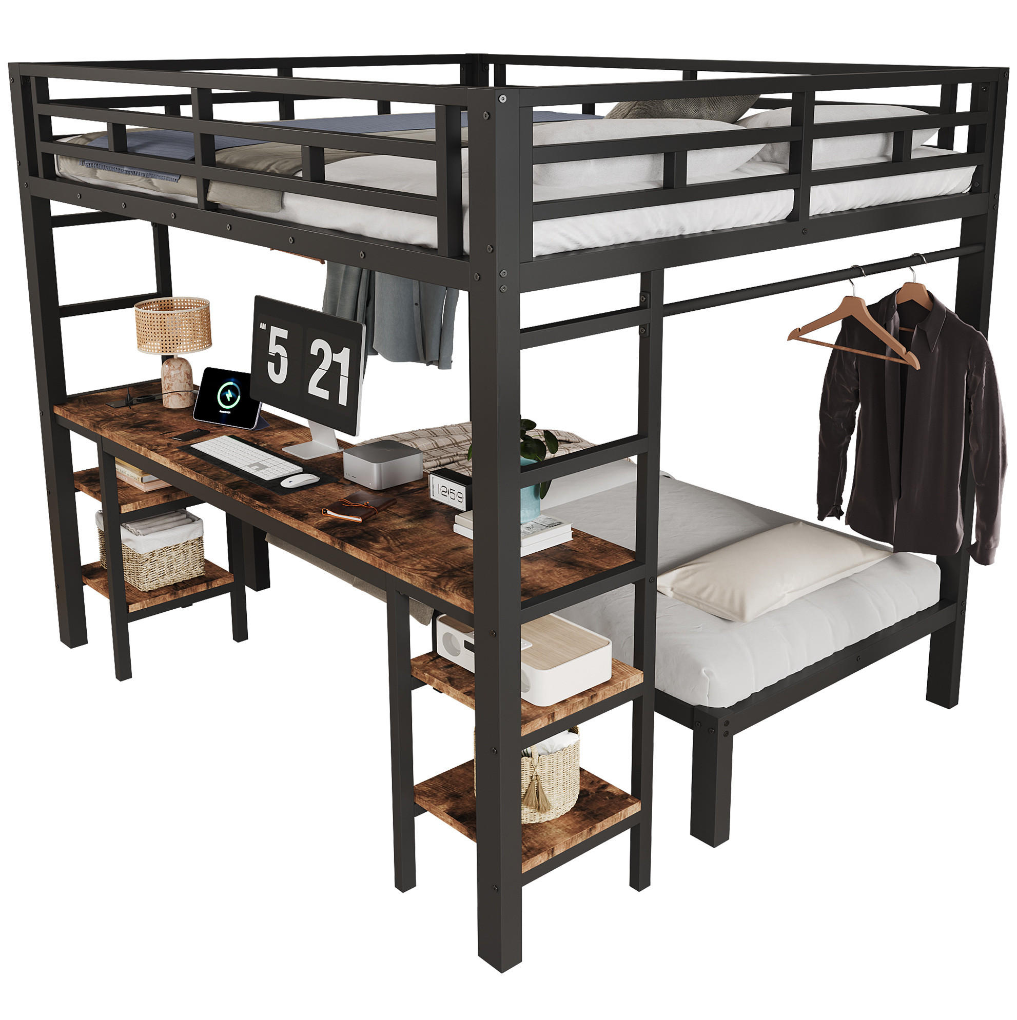ETAGENBETT aus Metall 140x200/90x200 cm Schwarz/Vintage mit Schreibtisch, Kleiderstange und Ladestation - Schwarz, Metall (140/200cm) - Modfu