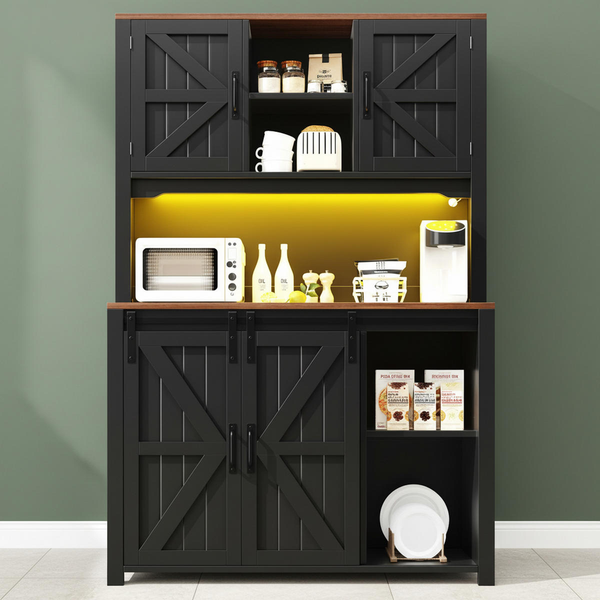 HIGHBOARD in Schwarz mit LED & Schiebetüren - Dunkelblau, Holzwerkstoff (115/174.7/40cm) - Urban Meuble