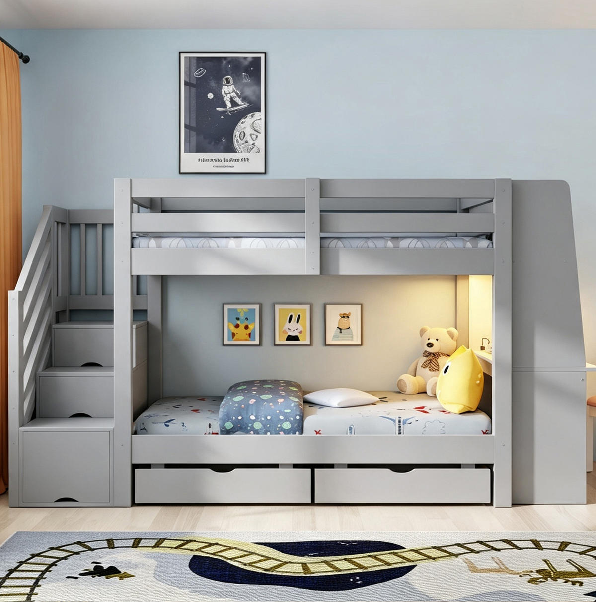 ETAGENBETT aus Holz 90x200 cm Grau mit Stauraumtreppe, Schreibtisch, LED und Steckdose - Grau, Holz (90/200cm) - Modfu