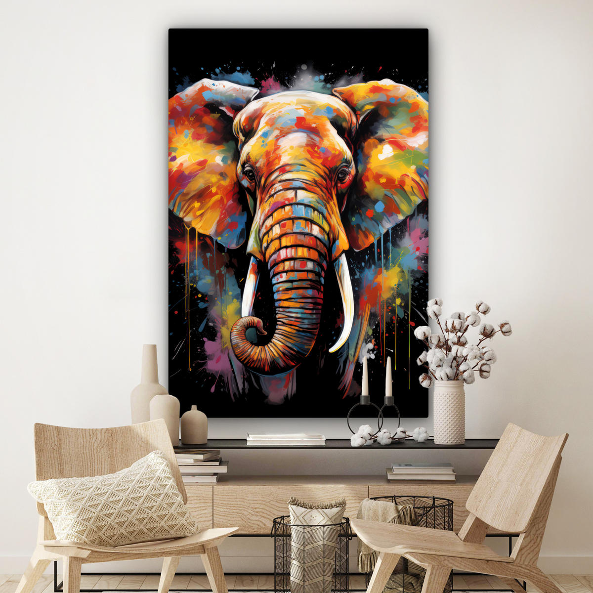 LEINWANDBILD Elefant - Graffiti - Schwarz - Tiere - Farben Deko Groß 90x140 cm - Schwarz, Textil (90/140cm) - MuchoWow