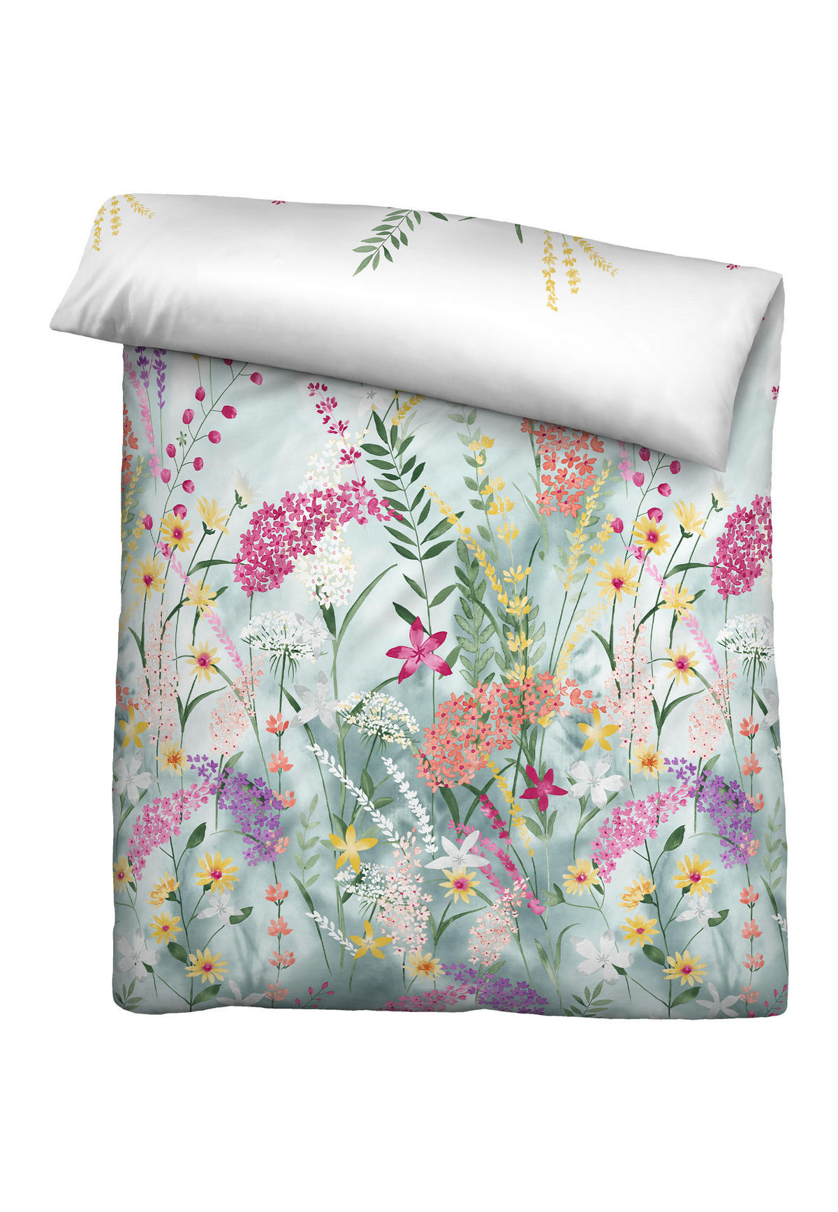 BETTWÄSCHE-GARNITUR Seersucker Sommerwiese aqua, 155x220 cm + 80x80 cm - Türkis, Textil (155/220cm) - biberna