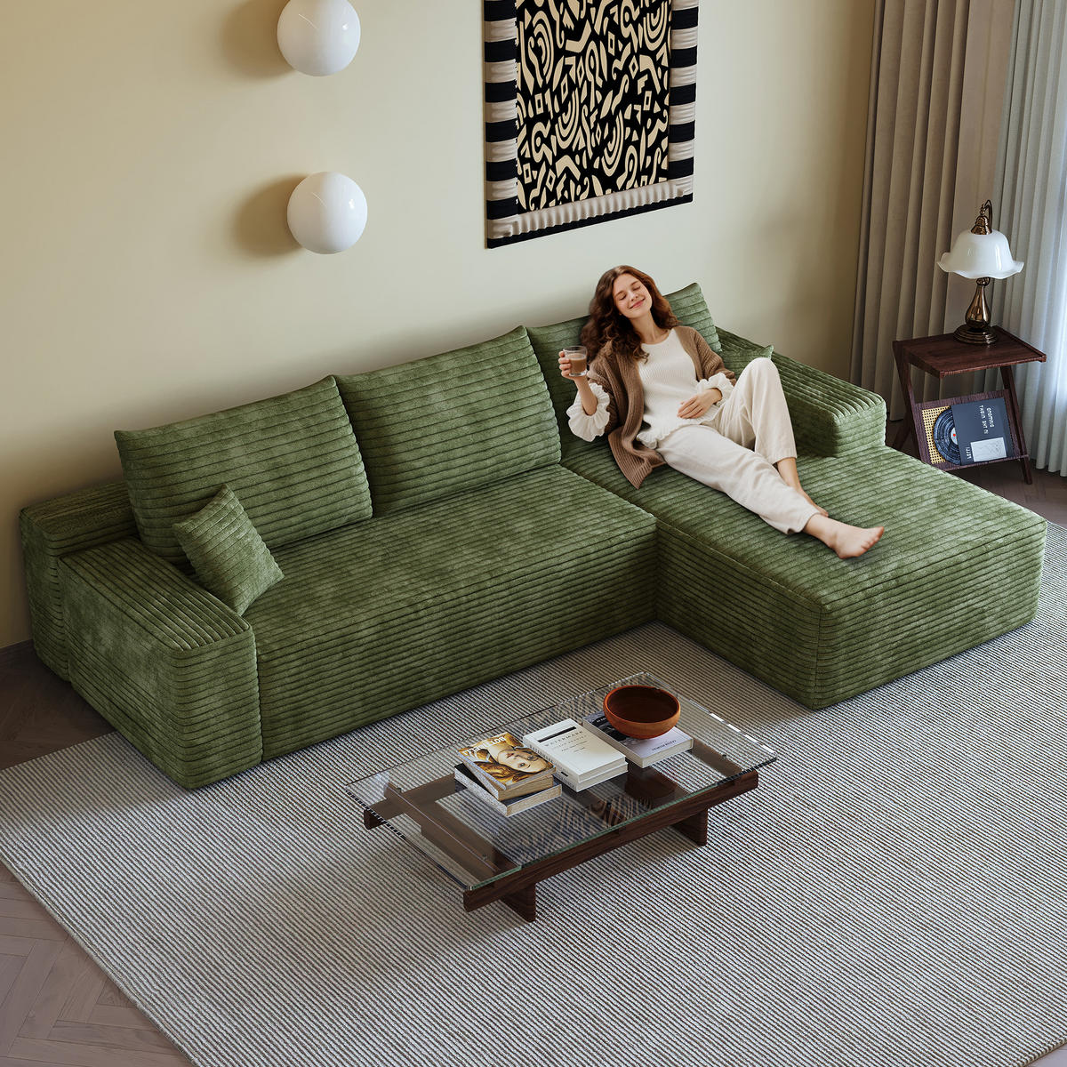 ECKSOFA 270/175/83 cm Grün Cord mit Chaiselongue, Rechte Seite - Grün, Textil (270/175cm) - Oxeza