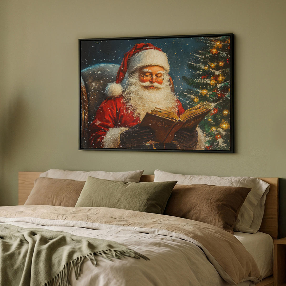 LEINWAND Bilder mit Rahmen - Weihnachtsmann - Weihnachten - Winter - Weihnachtsbaum - 100x70 - Bordeaux, Textil (100/70cm) - MuchoWow