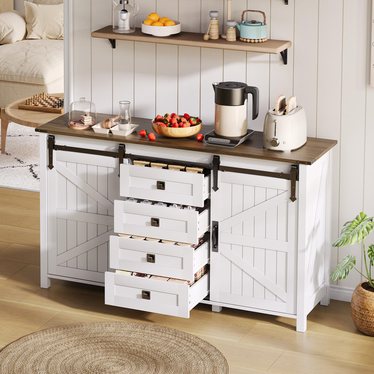 SIDEBOARD 137 cm mit Schiebetüren und 4 Schubladen, Weiß - Weiß, Holzwerkstoff (137/81.5/40cm)