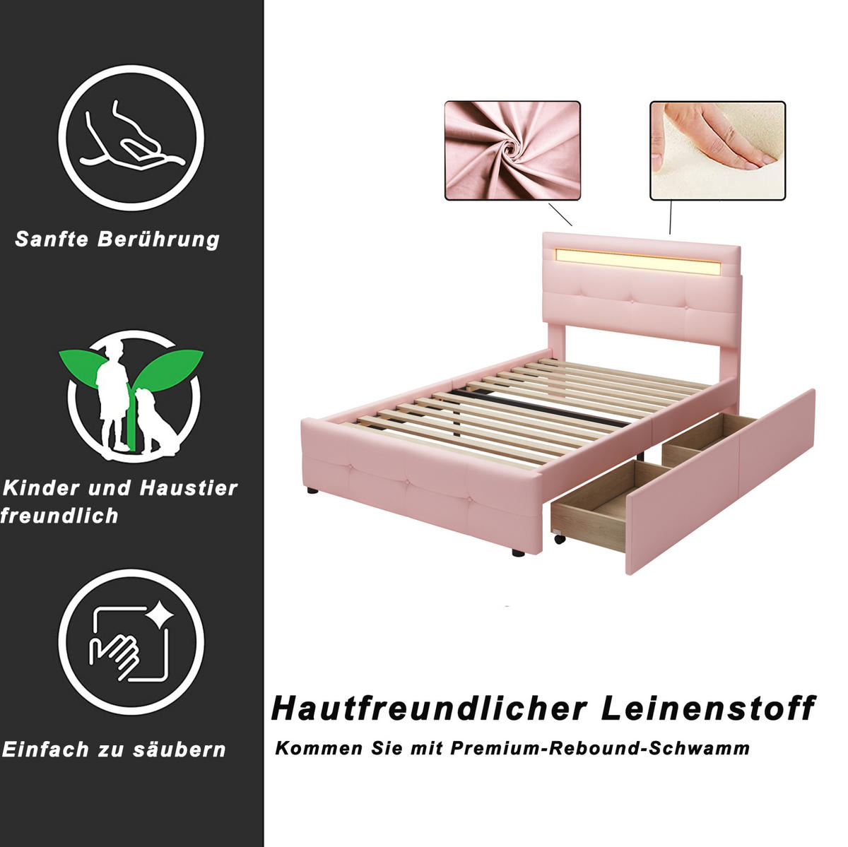 POLSTERBETT 90/200 cm mit LED-Beleuchtung, 2 Schubladen und höhenverstellbarem Kopfteil, Rosa - Rosa, Textil (90/200cm) - Redom