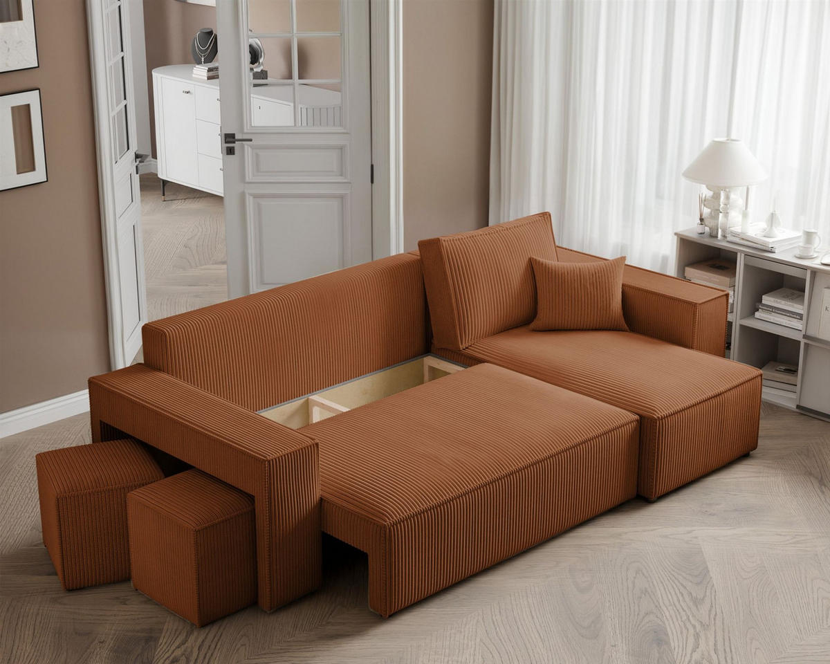 ECKSOFA Adara Inkl. Hocker - Hellbraun, Holzwerkstoff/Textil (145/262cm) - Fun Möbel