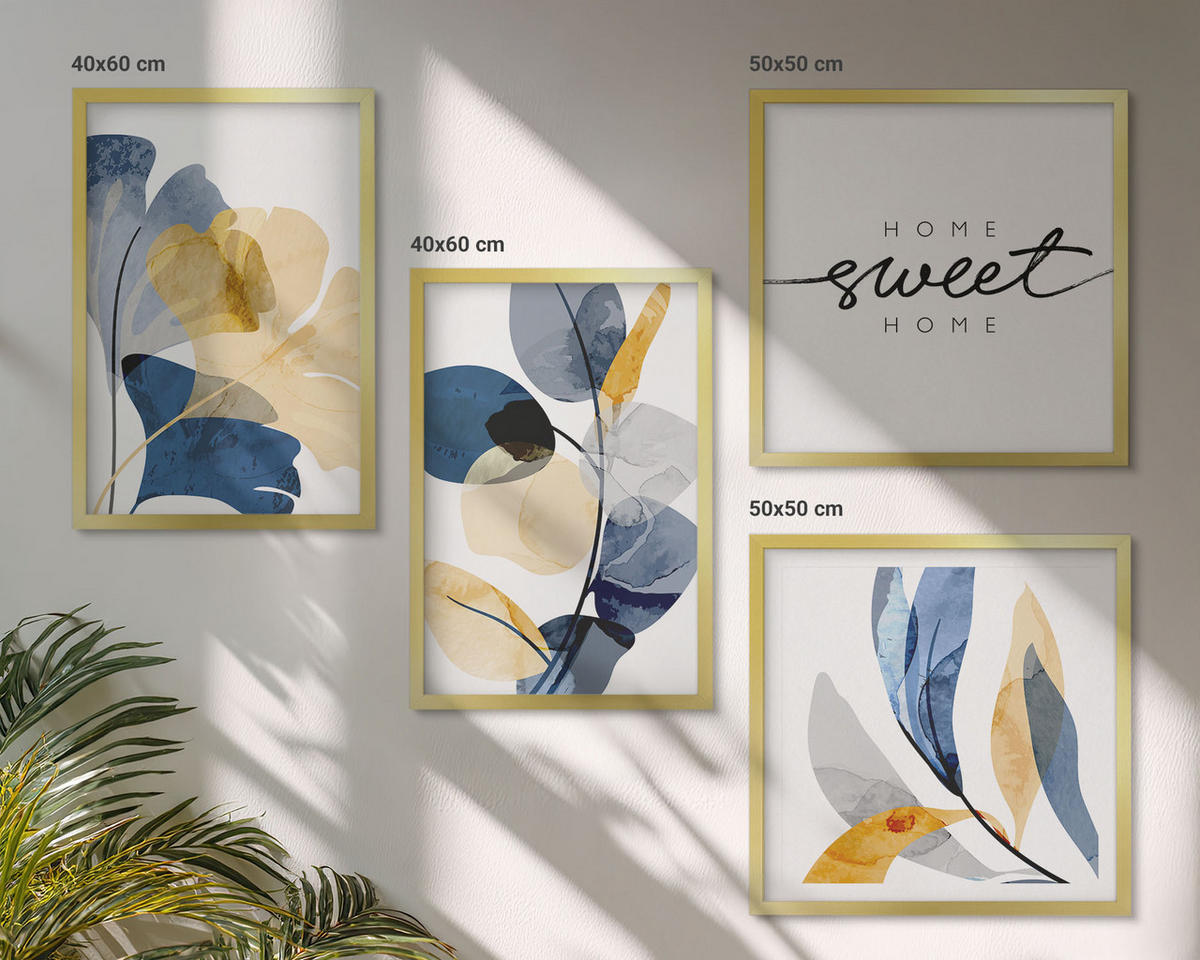 BILDER SET 4er Set - 50x50 cm & 40x60 cm Goldrahmen - Aquarell-Pflanzenmotive - Goldfarben, Kunststoff (50/50cm) - TULUP